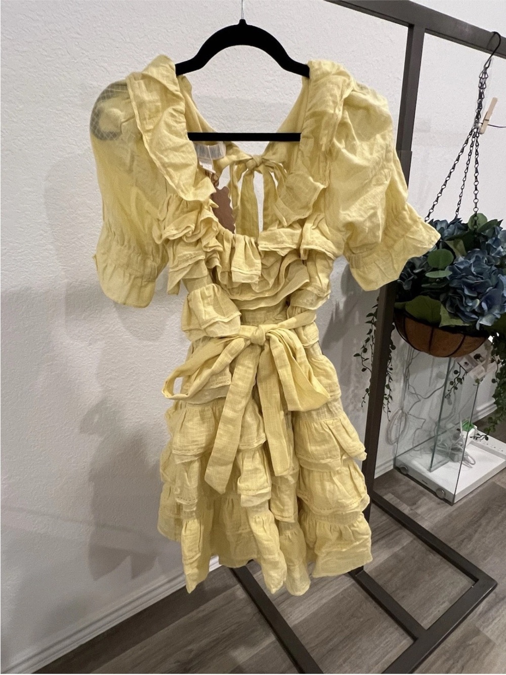 Yellow Ruffled Tie-Waist Women's Dress